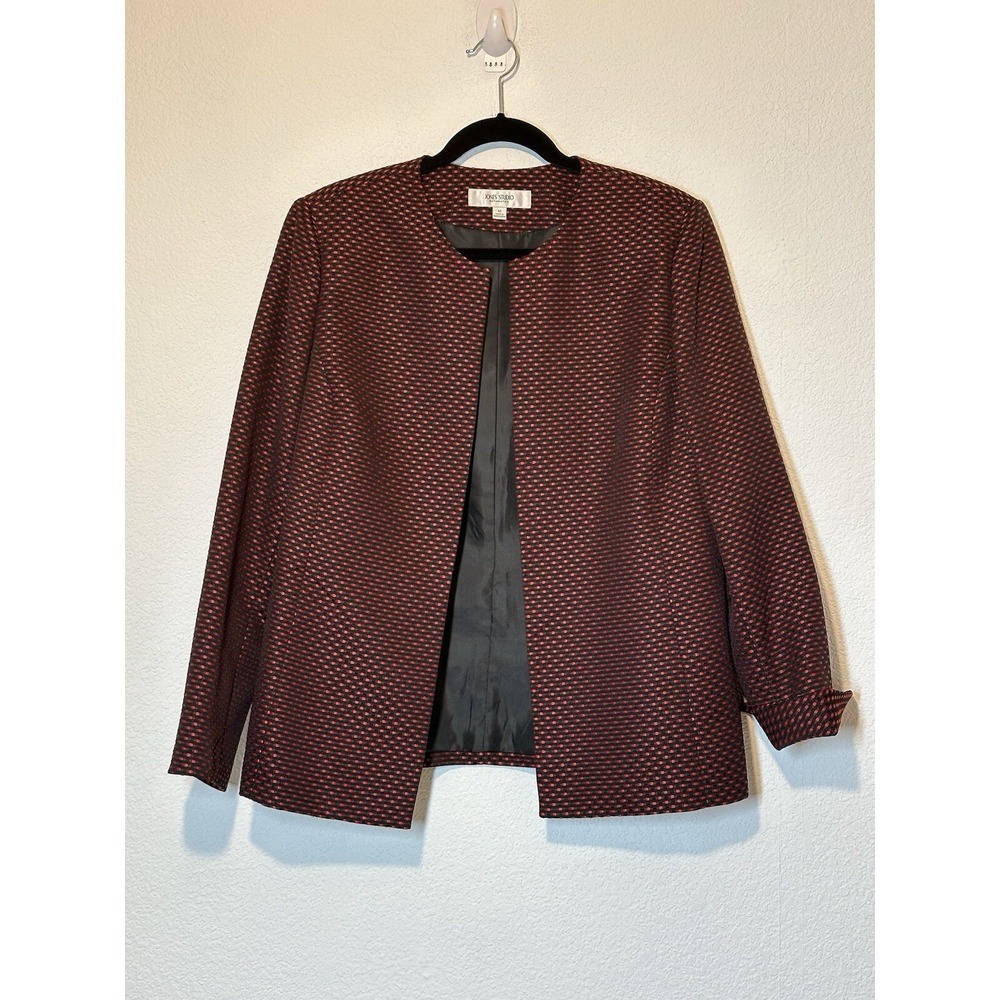 Jones Studio Blazer Jacket Sz 14 Open Front Black Red Textured Knit Career Event